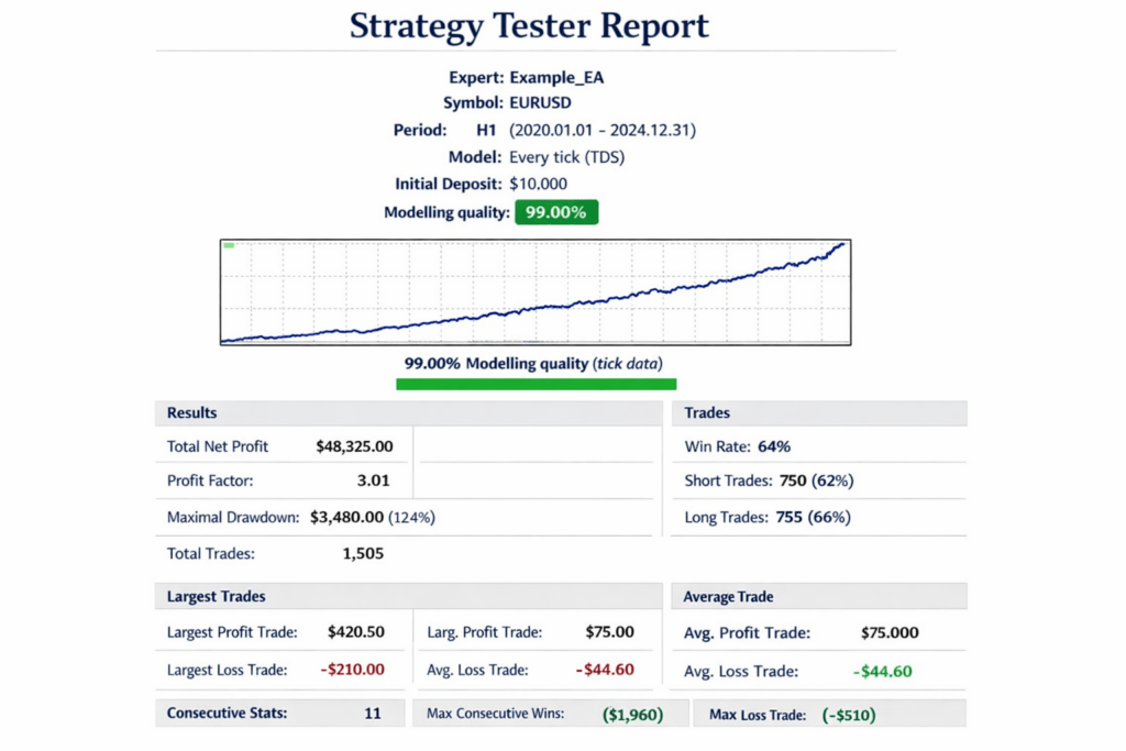 MetaTrader 4 Strategy Tester report showing modeling quality and drawdown statistics."